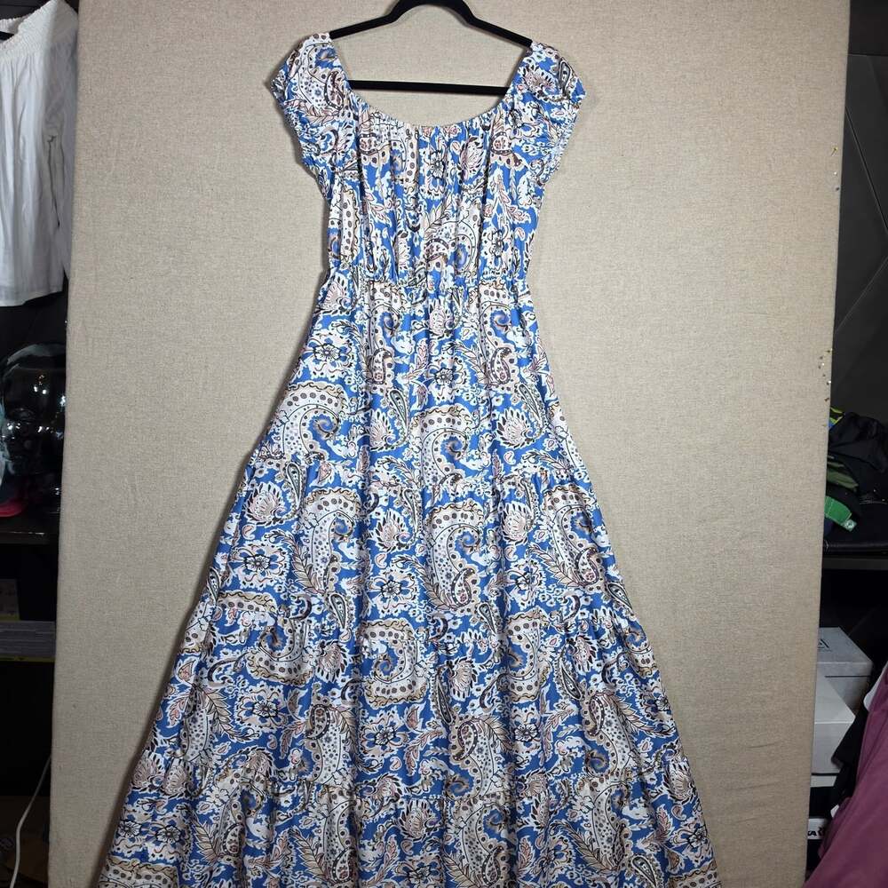 Blue Paisley Smocked Tiered Maxi Dress Womens S Cottage Boho Off Shoulder